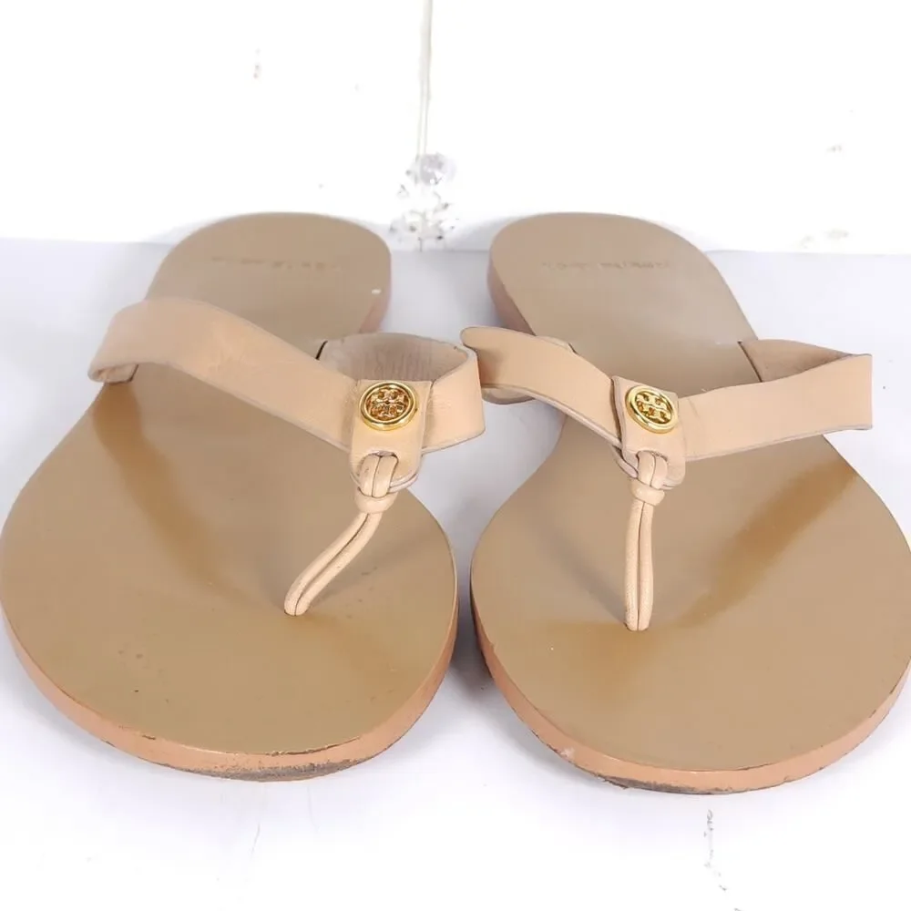 Tory Burch Women's Manon US9M Natural Leather Flat Thong Flip Flops Sandals